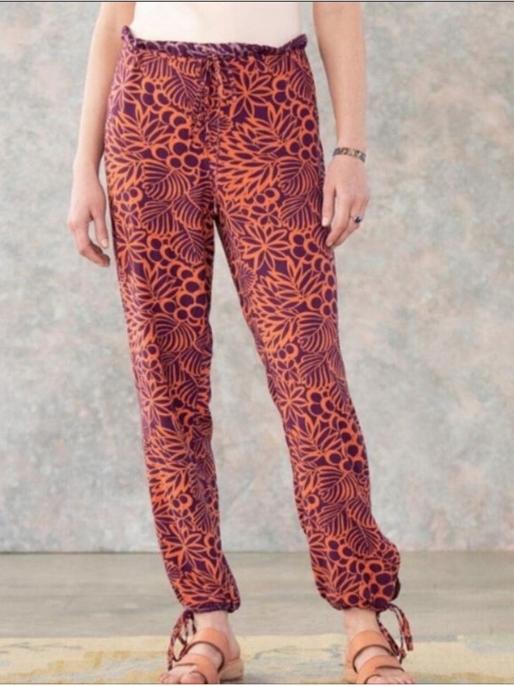 Sundance Floral Drawstring Jogger Pants Medium Resort Vacation Beach Orange